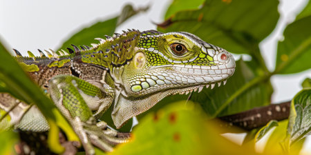 vibrant Fiji Banded Iguana with striking green skin and distinct white bands rests quietly. The composition focuses on its unique features against a soft neutral backdrop.の素材