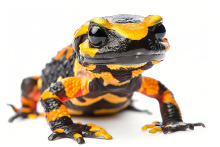 captivating fire salamander with striking black skin and vivid yellow spots is crawling across a bright white surface highlighting its intricate texture and colors.の素材