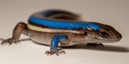 Five lined Skink displays striking appearance as it crawls across a bright white surface highlighting its vibrant blue tail and patterned body under bright light.の素材