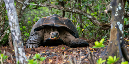 A Galapagos giant tortoise is observed from the side featuring its large shell and distinctive texture while isolated against a white backdrop highlighting its natural beauty.の素材