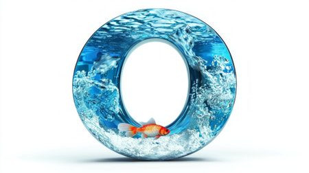 Immerse yourself in the stunning letter O, crafted from clear glass, showcasing colorful fish swimming amidst swirling water, all set against a pristine white backdrop.の素材