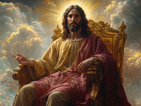 Jesus Lord God seated grand throne vibrant sky exuding love and righteous judgment surrounded clouds and angelic figures symbolize divine protection.の素材
