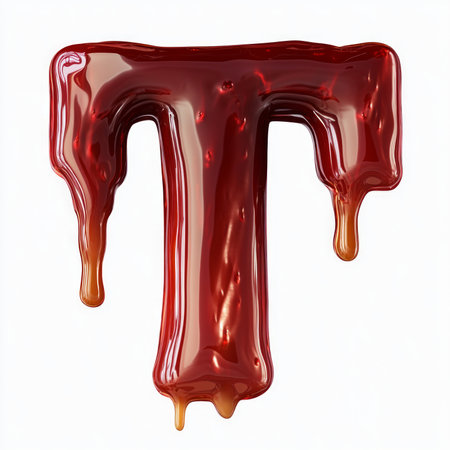 thick spot red brown blood creatively forms letter T white background showcasing unique artistic expression and highlighting contrast colors.の素材
