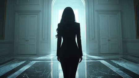 minimalistic hallway person stands thoughtfully two contrasting doors reflecting decisions and...