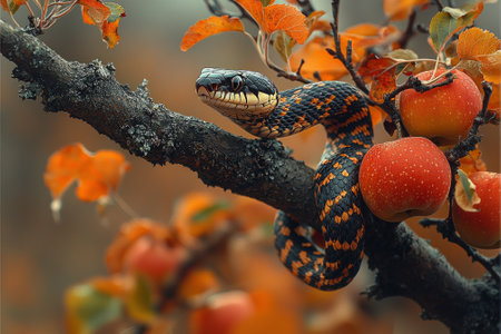 majestic black snake moves elegantly bare branch apple tree surrounded colorful autumn leaves. It quiet misty morning orchard.の素材