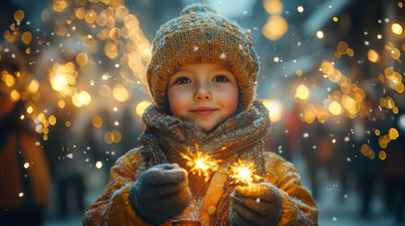 group children lights up night holding colorful sparklers their faces alight joy as they celebrate arrival New Year amidst wondrous display lights.の素材