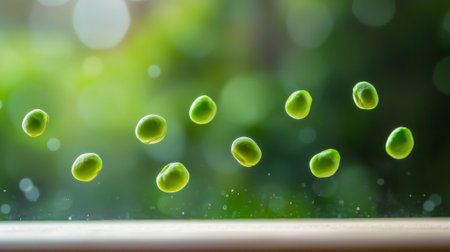Bright green pea groats hover mid air distinct one another showcasing their vibrant color and form soft blurred backdrop.の素材