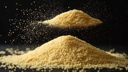 Two separate piles semolina float mid air illuminated soft light dark background highlighting their fine texture and vibrant color evoking culinary imagination.の素材