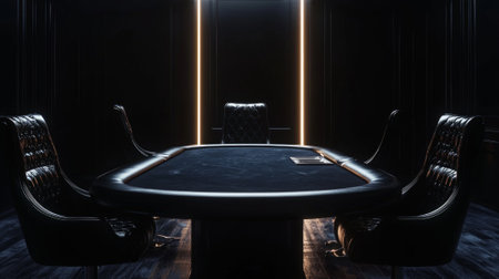 sophisticated dimly lit casino opulent poker table awaits players accompanied plush chairs enhance aura mystery and allure.の素材