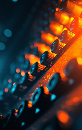 gym ablaze fire dancing machines. Warm tones illuminate scene creating striking contrast cyan shadows. captivating energy fills space.の素材