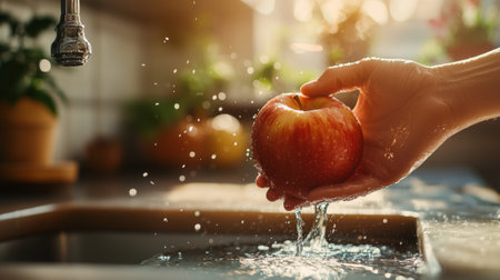 hand carefully rotates bright red apple flowing stream water antique sink and warm sunlight illuminating vintage kitchen .の素材