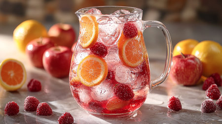 Classic Sangria cocktail elegantly displayed glass pitcher showcasing rich blend red wine fresh fruits and touch soda water. Perfect summer gatherings.の素材