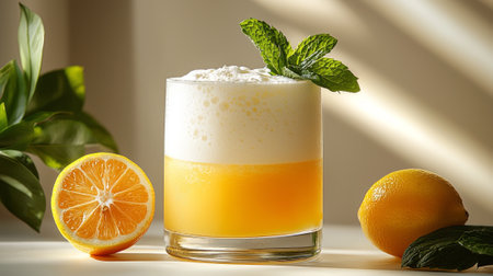 creamy Ramos Gin Fizz delicate layers and frothy top served highball glass garnished mint and lemon twist showcasing elegance clean white background.の素材