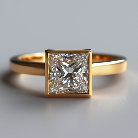 Engagement ring showcases princess cut diamond set thin gold band emphasizing modern minimalism and geometric elegance bright lighting enhancing clarity and finish.の素材