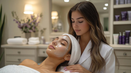 skilled skincare specialist applies soothing facial mask clients face luxurious spa environment. Elegant decor and soft lighting enhance tranquil atmosphere.の素材