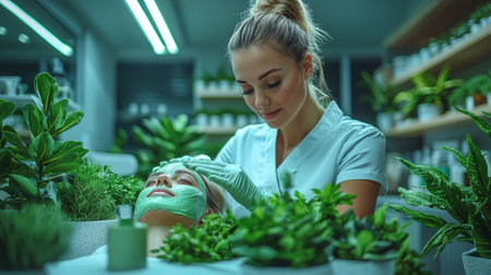 luxurious spa skilled skincare specialist applies soothing facial mask clients face using high quality tools creating relaxing and indulgent experience.の素材