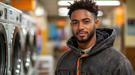 african american man engages laundry duties loading clothes washing machine bustling public laundromat afternoon. atmosphere lively and vibrant.の素材