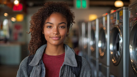 African American woman loads clothes washing machine public laundromat day. Her expression shows concentration and satisfaction completing chore.の素材