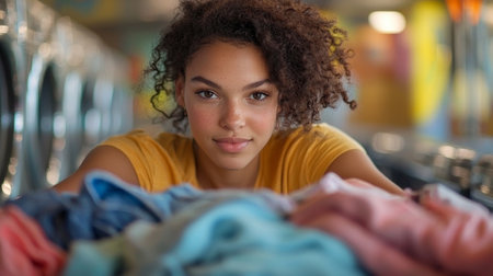 African American woman loads colorful clothes washing machine bustling public laundromat midday surrounded various laundry items and bright decor.の素材