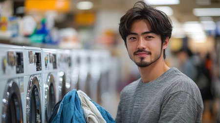 Asian man loads stack clothes washing machine bustling laundromat. vibrant atmosphere reflects common weekend chore enjoyed many.の素材