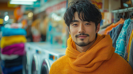 Asian man wearing cozy orange sweater joyfully loads clothes washing machine lively public laundromat filled colorful laundry options.の素材