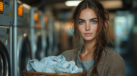 woman expression distress stands crowded laundromat holding woven basket filled dirty laundry. setting filled washing machines.の素材