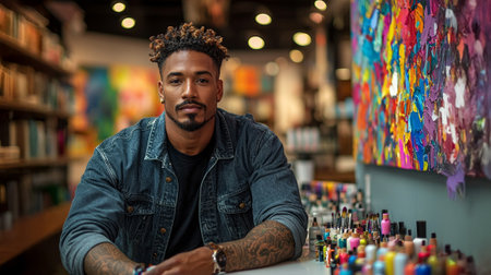 focused male nail technician meticulously paints intricate designs clients nails contemporary beauty salon bright natural lighting and colorful decor.の素材