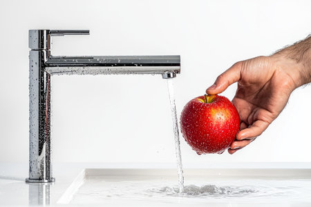 hand holds shiny red apple rinsing it flowing water faucet. minimalist environment features soft natural light creating serene reflections.の素材