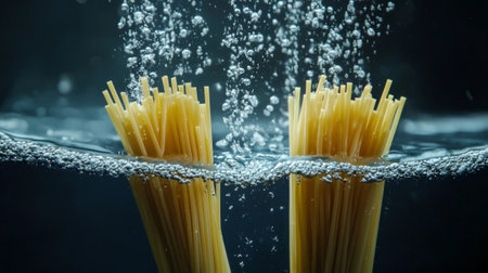 Spaghetti pasta strands float separately water surrounded dynamic bubbles highlighting their slender design dark backdrop creating unique culinary visual.の素材