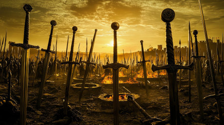 remnants fierce battle lie scattered battlefield sunset swords and spears stuck scorched earth and glowing fire pits illuminating scene.の素材