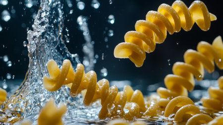 Spirals pasta are captured levitating water showcasing their distinct shape and texture as splashes create dynamic movement dark moody backdrop.の素材