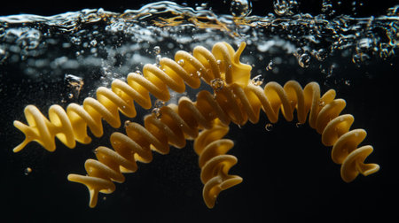 Pasta spirals float separately underwater highlighting their unique shapes and textures. dark background enhances vibrant yellow color creating eye catching visual display.の素材
