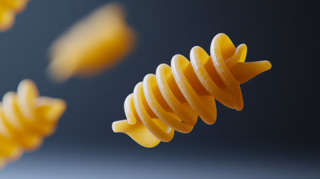 Delicately suspended mid air these individually spiraled pasta pieces highlight their rich yellow hue and dynamic form creating enticing visual effect.の素材