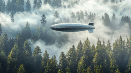Suspended open sky sleek airship drifts lush forest shrouded mist merging advanced design tranquility natures beauty.の素材