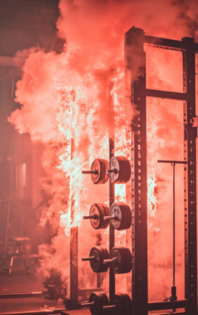 intense blaze engulfs gym flames swirling weightlifting equipment casting bold warm hues and deep cyan shadows creating striking contrast chaotic atmosphere.の素材