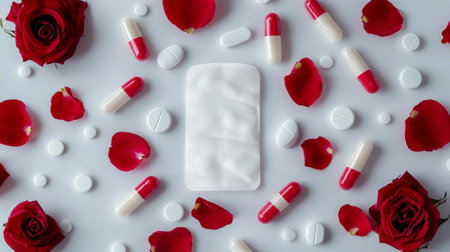 Sanitary pads and tampons are artistically displayed vibrant red rose petals and assortment pills reflecting care and comfort feminine hygiene.の素材