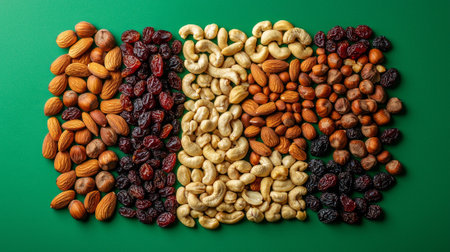 colorful mix various nuts and dried fruits such as hazelnuts cashews walnuts almonds and cranberries arranged artistically bright green backdrop illuminated sunny contour lighting.の素材