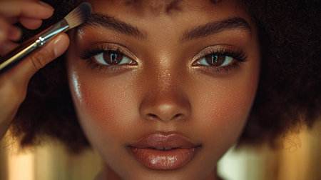 Makeup artist attentively applies glamorous cosmetics client beautifully decorated studio. precise techniques showcase artistry and elegance professional makeup application.の素材