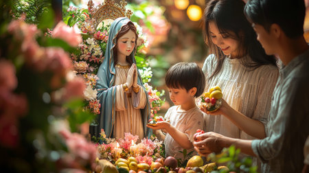 Family members engage Presentation Mary ritual home placing flowers fruits and candles statue creating serene and spiritual atmosphere reflection and prayer.の素材