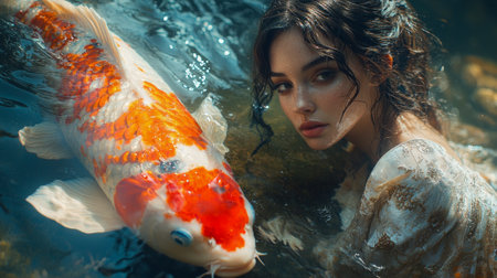 woman stands gracefully vivid koi tranquil pond. Her dress reflects kois color patterns while her makeup and accessories echo aquatic beauty illuminated soft light.の素材