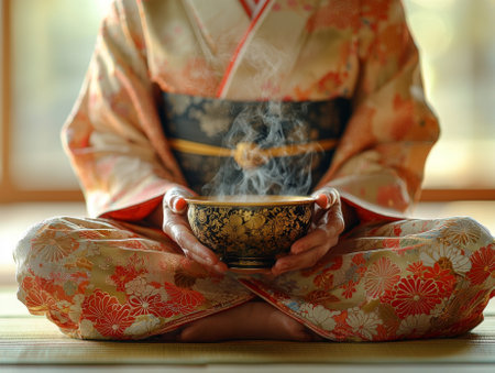 Participants traditional Japanese tea ceremony sit peacefully holding beautifully crafted bowl filled steaming tea surrounded atmosphere calm and grace.の素材