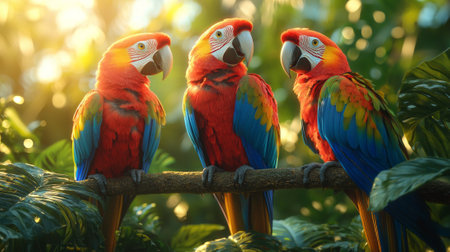 lively group colorful parrots rests branches displaying array bright reds blues and greens deep green rainforest foliage gentle natural light.の素材