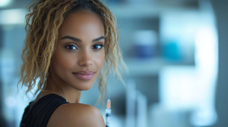 Vaccine administered nurse calm patient clinical environment. workspace organized and well equipped showcasing attention patient comfort.の素材