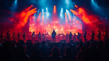 Dynamic worship session showcasing passionate congregation engaged singing and dancing illuminated colorful lights and ethereal effects representing Holy Spirits presence.の素材