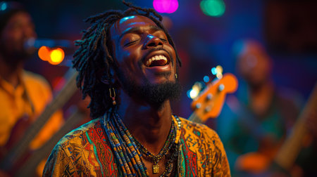 Energetic worshippers engage lively singing and dancing celebrating Pentecost vibrant light effects and spirited band contemporary church environment.の素材