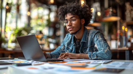 young professional concentrates creating budget plan using laptop and notebooks clean desk surrounded spreadsheets and financial notes emphasizing organization and clarity.の素材