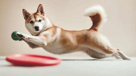 Akita Inu showcases its power and grace as it leaps catch green frisbee. dogs thick fur and dynamic motion create captivating display warm lighting.の素材