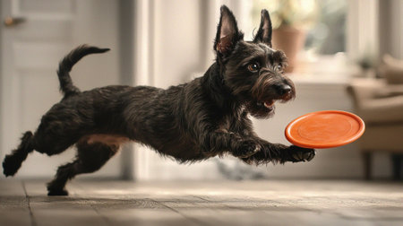 lively Scottish Terrier textured coat jumps energetically catch orange frisbee. backdrop features light gray wall enhancing dogs movement. Natural light brightens scene.の素材