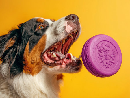 Bernese Mountain Dog springs air enthusiasm aiming catch purple frisbee. Its fur shines brightly soft yellow backdrop showcasing dogs playful spirit.の素材