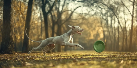 Weimaraner gleaming short coat displays focused determination as it jumps air catch green frisbee plain gray background vibrant lighting.の素材